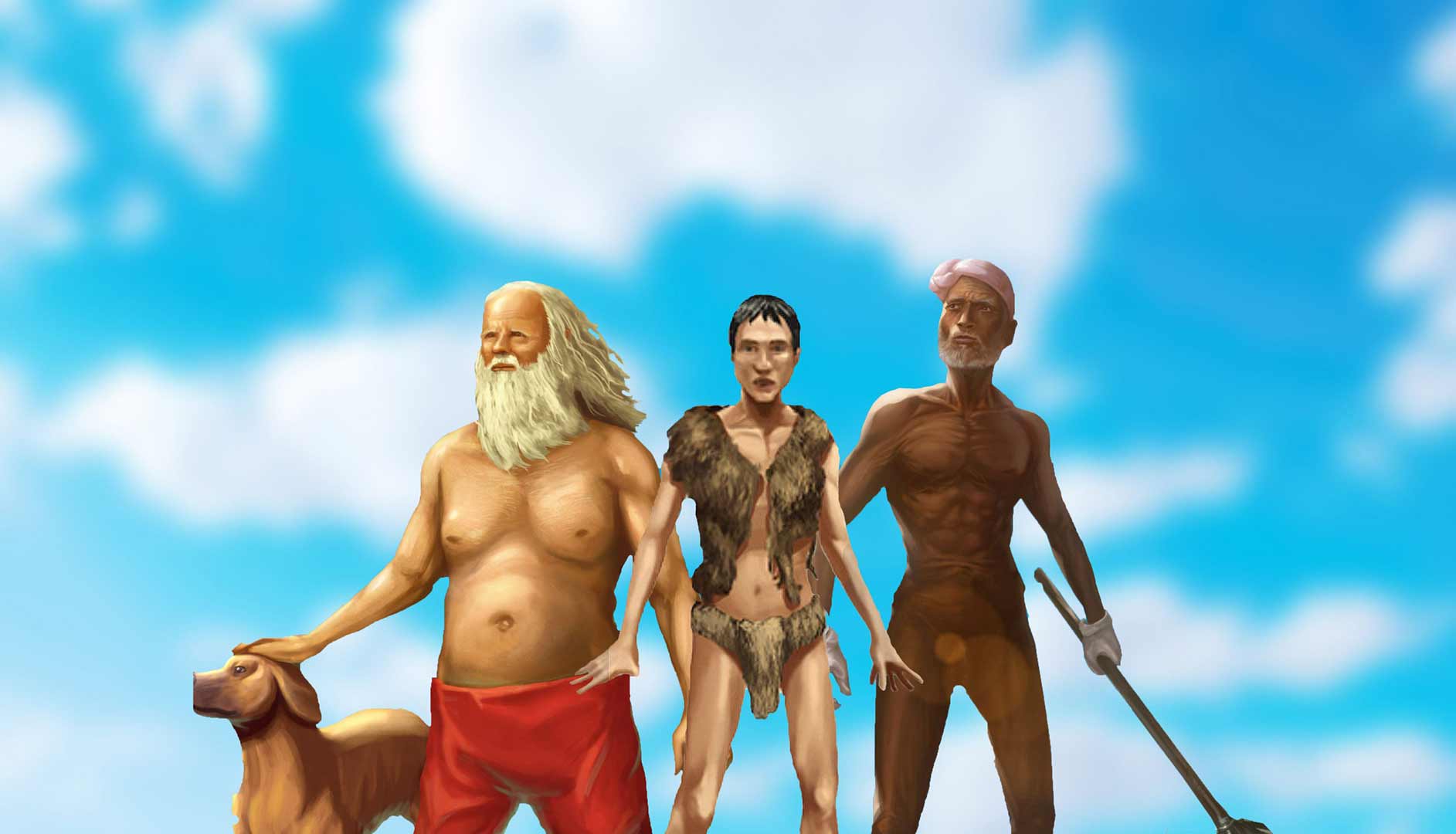 Three of our castaway heroes in blue sky background